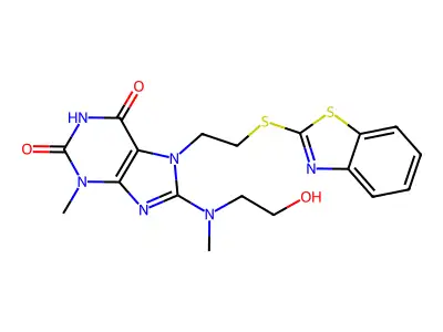 7-[2-(1,3-benzothiazol-2-ylsulfanyl)ethyl]-8-[(2-hydroxyethyl)(methyl)amino]-3-methyl-3,7-dihydro-1H-purine-2,6-dione structure