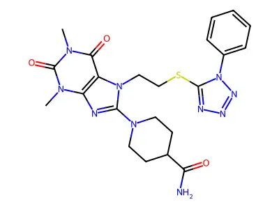 1-(1,3-dimethyl-2,6-dioxo-7-(2-((1-phenyl-1H-tetrazol-5-yl)thio)ethyl)-2,3,6,7-tetrahydro-1H-purin-8-yl)piperidine-4-carboxamide structure