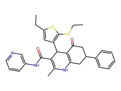 4-(5-Ethyl-2-(ethylthio)thiophen-3-yl)-2-methyl-5-oxo-7-phenyl-N-(pyridin-3-yl)-1,4,5,6,7,8-hexahydroquinoline-3-carboxamide structure