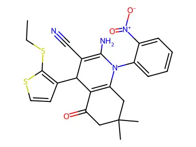 2-Amino-4-(2-(ethylthio)thiophen-3-yl)-7,7-dimethyl-1-(2-nitrophenyl)-5-oxo-1,4,5,6,7,8-hexahydroquinoline-3-carbonitrile structure