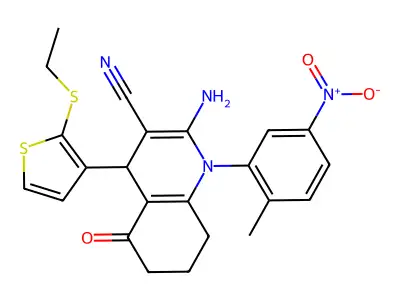 2-Amino-4-(2-(ethylthio)thiophen-3-yl)-1-(2-methyl-5-nitrophenyl)-5-oxo-1,4,5,6,7,8-hexahydroquinoline-3-carbonitrile structure