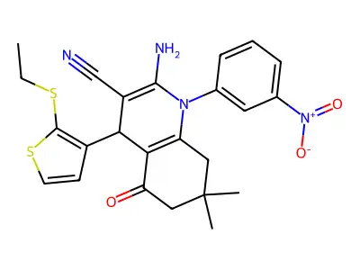 2-Amino-4-(2-(ethylthio)thiophen-3-yl)-7,7-dimethyl-1-(3-nitrophenyl)-5-oxo-1,4,5,6,7,8-hexahydroquinoline-3-carbonitrile structure