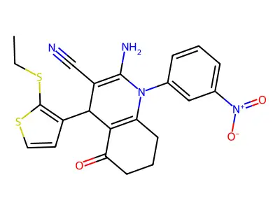 2-Amino-4-(2-(ethylthio)thiophen-3-yl)-1-(3-nitrophenyl)-5-oxo-1,4,5,6,7,8-hexahydroquinoline-3-carbonitrile structure