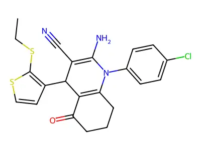 2-Amino-1-(4-chlorophenyl)-4-(2-(ethylthio)thiophen-3-yl)-5-oxo-1,4,5,6,7,8-hexahydroquinoline-3-carbonitrile structure