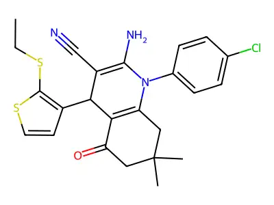 2-Amino-1-(4-chlorophenyl)-4-(2-(ethylthio)thiophen-3-yl)-7,7-dimethyl-5-oxo-1,4,5,6,7,8-hexahydroquinoline-3-carbonitrile structure