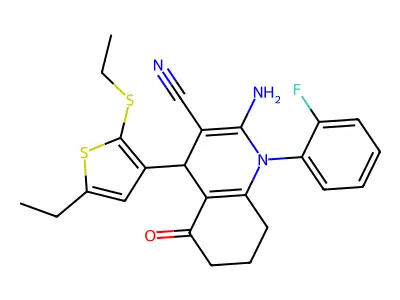 2-Amino-4-(5-ethyl-2-(ethylthio)thiophen-3-yl)-1-(2-fluorophenyl)-5-oxo-1,4,5,6,7,8-hexahydroquinoline-3-carbonitrile structure