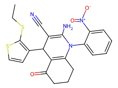 2-Amino-4-(2-(ethylthio)thiophen-3-yl)-1-(2-nitrophenyl)-5-oxo-1,4,5,6,7,8-hexahydroquinoline-3-carbonitrile structure