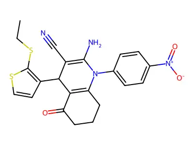 2-Amino-4-(2-(ethylthio)thiophen-3-yl)-1-(4-nitrophenyl)-5-oxo-1,4,5,6,7,8-hexahydroquinoline-3-carbonitrile structure