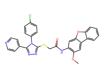 2-{[4-(4-chlorophenyl)-5-(4-pyridinyl)-4H-1,2,4-triazol-3-yl]sulfanyl}-N-(2-methoxydibenzo[b,d]furan-3-yl)acetamide structure
