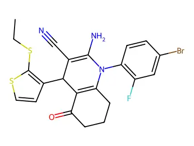 2-Amino-1-(4-bromo-2-fluorophenyl)-4-(2-(ethylthio)thiophen-3-yl)-5-oxo-1,4,5,6,7,8-hexahydroquinoline-3-carbonitrile structure