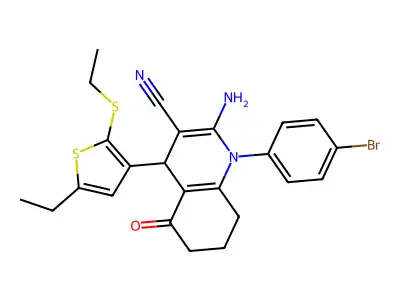 2-Amino-1-(4-bromophenyl)-4-(5-ethyl-2-(ethylthio)thiophen-3-yl)-5-oxo-1,4,5,6,7,8-hexahydroquinoline-3-carbonitrile structure
