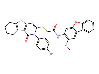 2-((3-(4-Bromophenyl)-4-oxo-3,4,5,6,7,8-hexahydrobenzo[4,5]thieno[2,3-d]pyrimidin-2-yl)thio)-N-(2-methoxydibenzo[b,d]furan-3-yl)acetamide structure