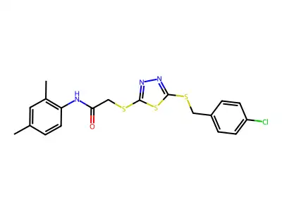 2-((5-((4-CL-Benzyl)thio)-1,3,4-thiadiazol-2-YL)thio)-N-(2,4-DI-ME-PH)acetamide structure