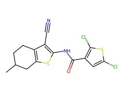 2,5-dichloro-N-(3-cyano-6-methyl-4,5,6,7-tetrahydro-1-benzothiophen-2-yl)thiophene-3-carboxamide structure