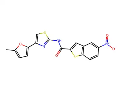 N-[4-(5-methylfuran-2-yl)-1,3-thiazol-2-yl]-5-nitro-1-benzothiophene-2-carboxamide structure