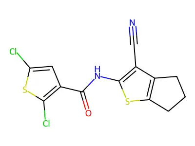 2,5-dichloro-N-(3-cyano-5,6-dihydro-4H-cyclopenta[b]thiophen-2-yl)thiophene-3-carboxamide structure