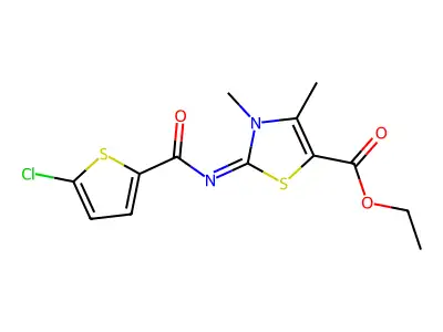 2-[(5-chloro-2-thiophenyl)-oxomethyl]imino-3,4-dimethyl-5-thiazolecarboxylic acid ethyl ester structure