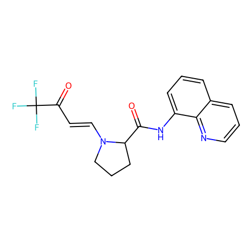 N-quinolin-8-yl-1-[(E)-4,4,4-trifluoro-3-oxobut-1-enyl]pyrrolidine-2-carboxamide structure