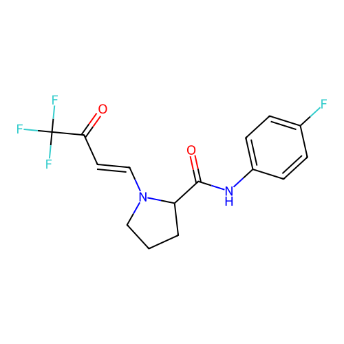 (E)-N-(4-fluorophenyl)-1-(4,4,4-trifluoro-3-oxobut-1-en-1-yl)pyrrolidine-2-carboxamide structure