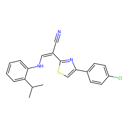 (Z)-2-(4-(4-chlorophenyl)thiazol-2-yl)-3-((2-isopropylphenyl)amino)acrylonitrile structure