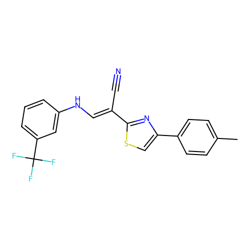(E)-2-(4-(p-tolyl)thiazol-2-yl)-3-((3-(trifluoromethyl)phenyl)amino)acrylonitrile structure