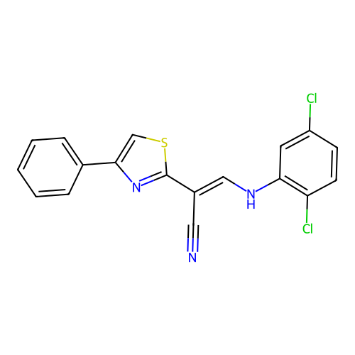 (E)-3-((2,5-dichlorophenyl)amino)-2-(4-phenylthiazol-2-yl)acrylonitrile structure