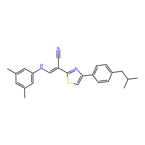 (2E)-3-[(3,5-dimethylphenyl)amino]-2-{4-[4-(2-methylpropyl)phenyl]-1,3-thiazol-2-yl}prop-2-enenitrile structure