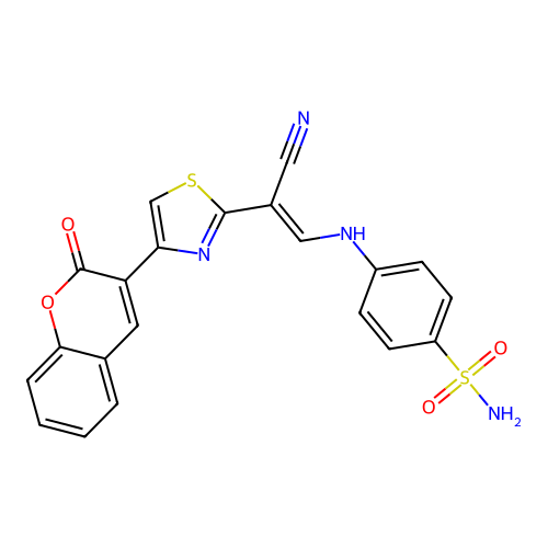 4-((2-cyano-2-(4-(2-oxo-2H-chromen-3-yl)thiazol-2-yl)vinyl)amino)benzenesulfonamide structure