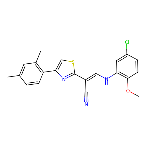 (2E)-3-[(5-chloro-2-methoxyphenyl)amino]-2-[4-(2,4-dimethylphenyl)-1,3-thiazol-2-yl]prop-2-enenitrile structure