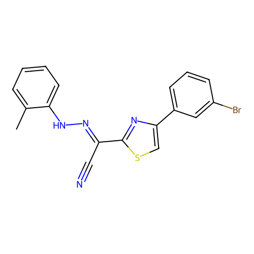 (2E)-4-(3-bromophenyl)-N-(2-methylanilino)-1,3-thiazole-2-carboximidoyl cyanide structure