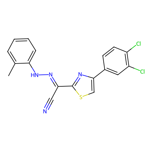(E)-4-(3,4-dichlorophenyl)-N'-(o-tolyl)thiazole-2-carbohydrazonoyl cyanide structure