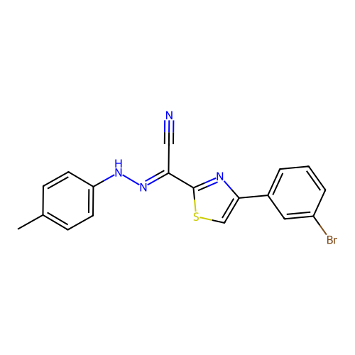 (2E)-4-(3-bromophenyl)-N-(4-methylanilino)-1,3-thiazole-2-carboximidoyl cyanide structure