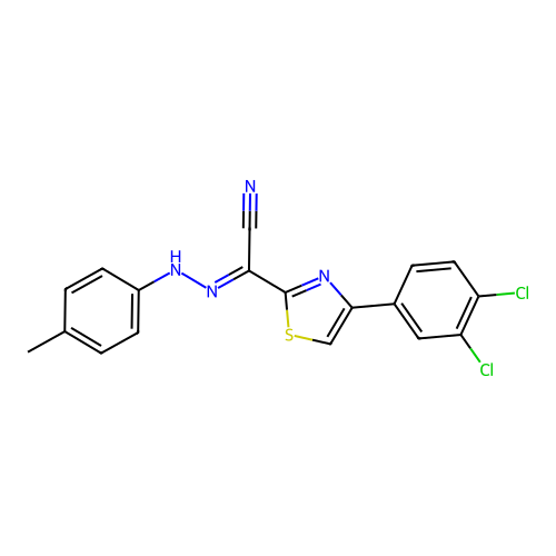 (E)-4-(3,4-dichlorophenyl)-N'-(p-tolyl)thiazole-2-carbohydrazonoyl cyanide structure