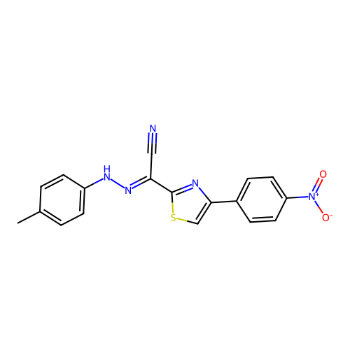(E)-4-(4-nitrophenyl)-N'-(p-tolyl)thiazole-2-carbohydrazonoyl cyanide structure