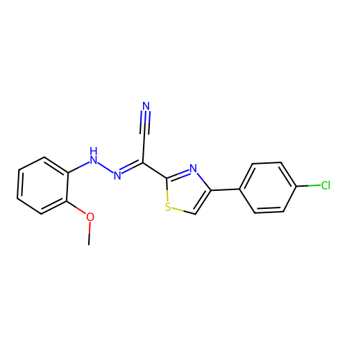 (E)-4-(4-chlorophenyl)-N'-(2-methoxyphenyl)thiazole-2-carbohydrazonoyl cyanide structure