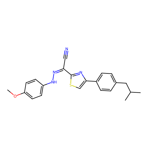 (Z)-4-(4-isobutylphenyl)-N'-(4-methoxyphenyl)thiazole-2-carbohydrazonoyl cyanide structure
