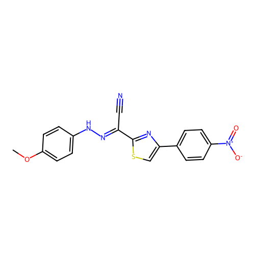 (2E)-N-(4-methoxyanilino)-4-(4-nitrophenyl)-1,3-thiazole-2-carboximidoyl cyanide structure