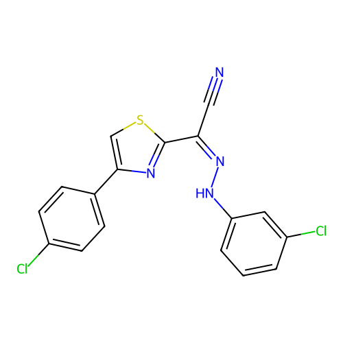 (Z)-N'-(3-chlorophenyl)-4-(4-chlorophenyl)thiazole-2-carbohydrazonoyl cyanide structure