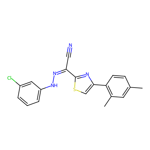(Z)-N'-(3-chlorophenyl)-4-(2,4-dimethylphenyl)thiazole-2-carbohydrazonoyl cyanide structure