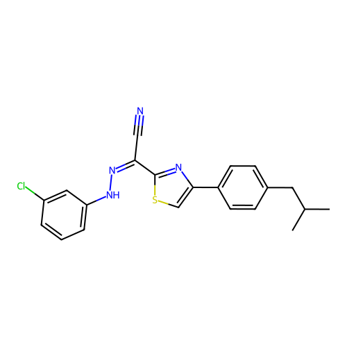 (Z)-N'-(3-chlorophenyl)-4-(4-isobutylphenyl)thiazole-2-carbohydrazonoyl cyanide structure