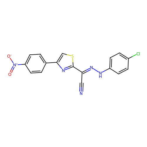 (2E)-[2-(4-chlorophenyl)hydrazinylidene][4-(4-nitrophenyl)-1,3-thiazol-2-yl]ethanenitrile structure