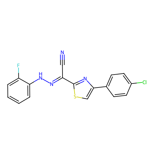 (2E)-4-(4-chlorophenyl)-N-(2-fluoroanilino)-1,3-thiazole-2-carboximidoyl cyanide structure