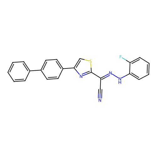 (2E)-N-(2-fluoroanilino)-4-(4-phenylphenyl)-1,3-thiazole-2-carboximidoyl cyanide structure