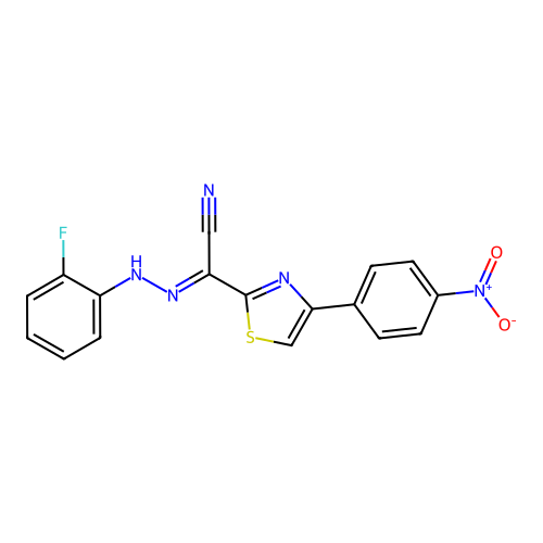 (2E)-N-(2-fluoroanilino)-4-(4-nitrophenyl)-1,3-thiazole-2-carboximidoyl cyanide structure