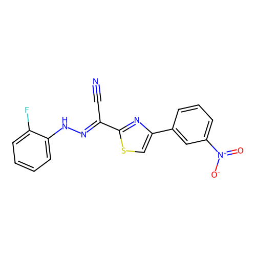(2E)-N-(2-fluoroanilino)-4-(3-nitrophenyl)-1,3-thiazole-2-carboximidoyl cyanide structure