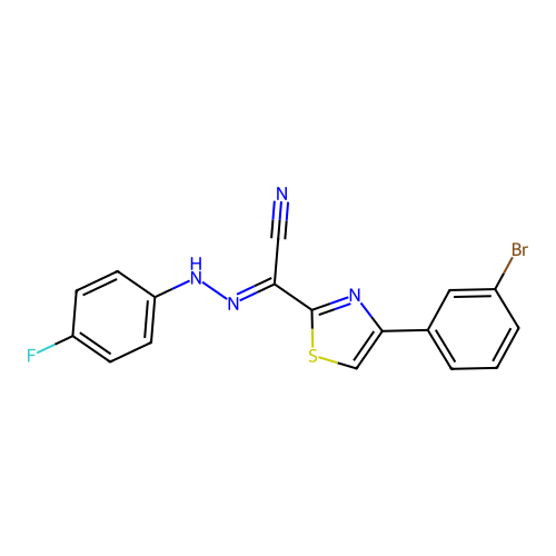 (2E)-4-(3-bromophenyl)-N-(4-fluoroanilino)-1,3-thiazole-2-carboximidoyl cyanide structure