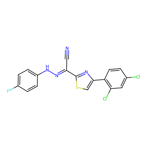(2E)-4-(2,4-dichlorophenyl)-N-(4-fluoroanilino)-1,3-thiazole-2-carboximidoyl cyanide structure