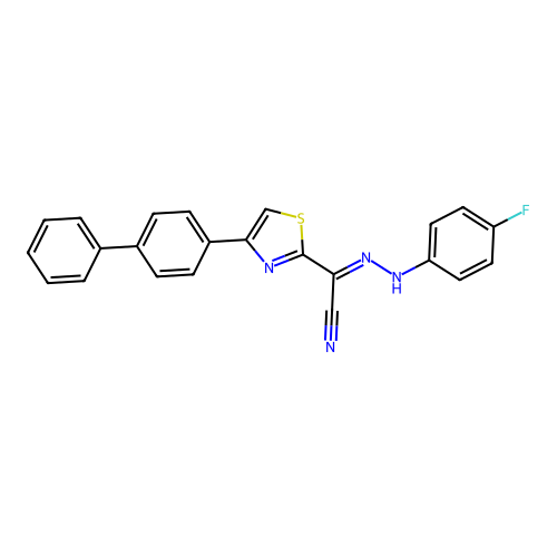 (2E)-N-(4-fluoroanilino)-4-(4-phenylphenyl)-1,3-thiazole-2-carboximidoyl cyanide structure
