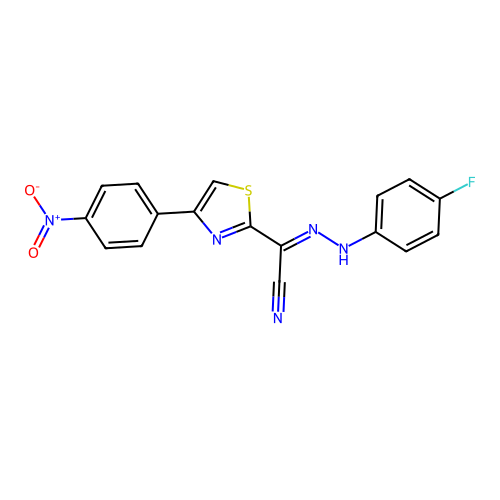 (E)-N'-(4-fluorophenyl)-4-(4-nitrophenyl)thiazole-2-carbohydrazonoyl cyanide structure