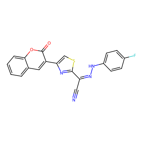 (Z)-N'-(4-fluorophenyl)-4-(2-oxo-2H-chromen-3-yl)thiazole-2-carbohydrazonoyl cyanide structure